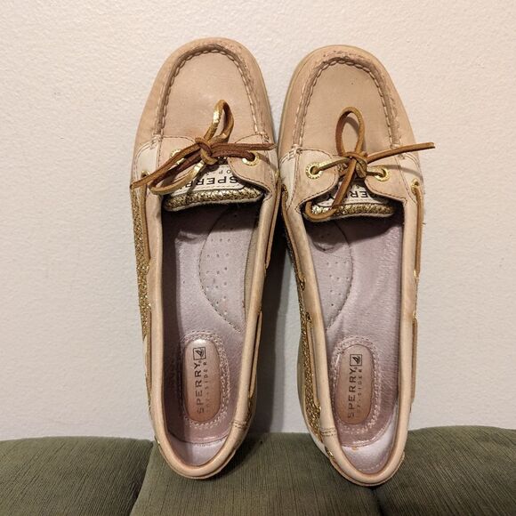 SPERRY Angelfish Sequin Slip On Tan Leather Loafers Boat Shoes Moccasins - Picture 2 of 12